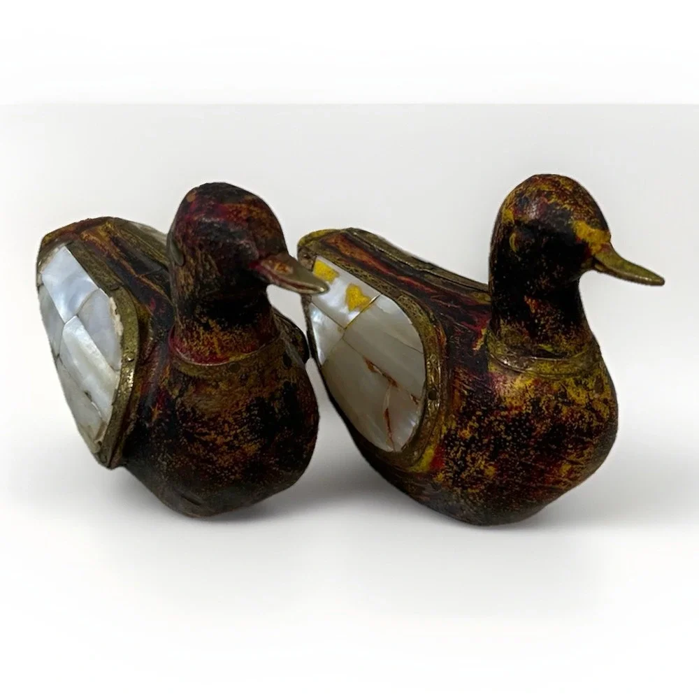 Vtg Set 2 Wood Handcarved Duck w/Brass & Pearl Decorative Inlays Charles Marcak